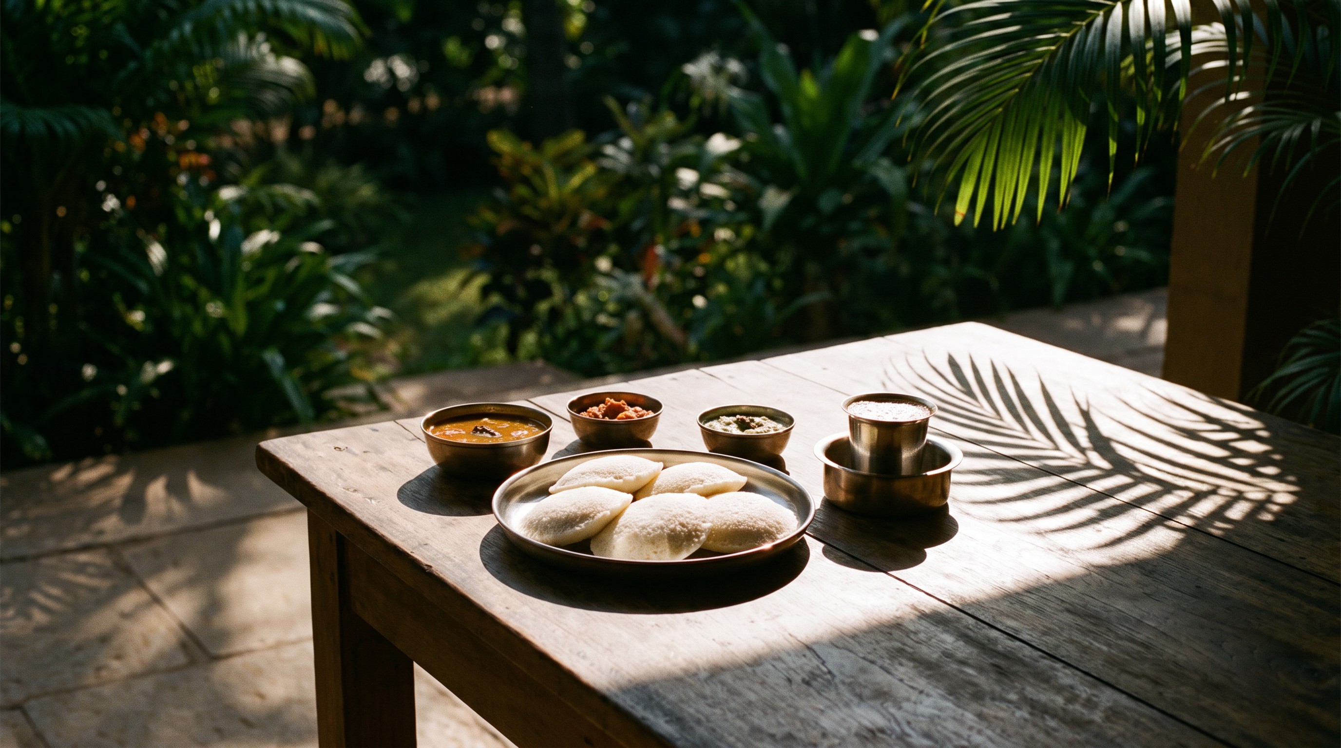 Breakfast terrace with idli and filter coffee