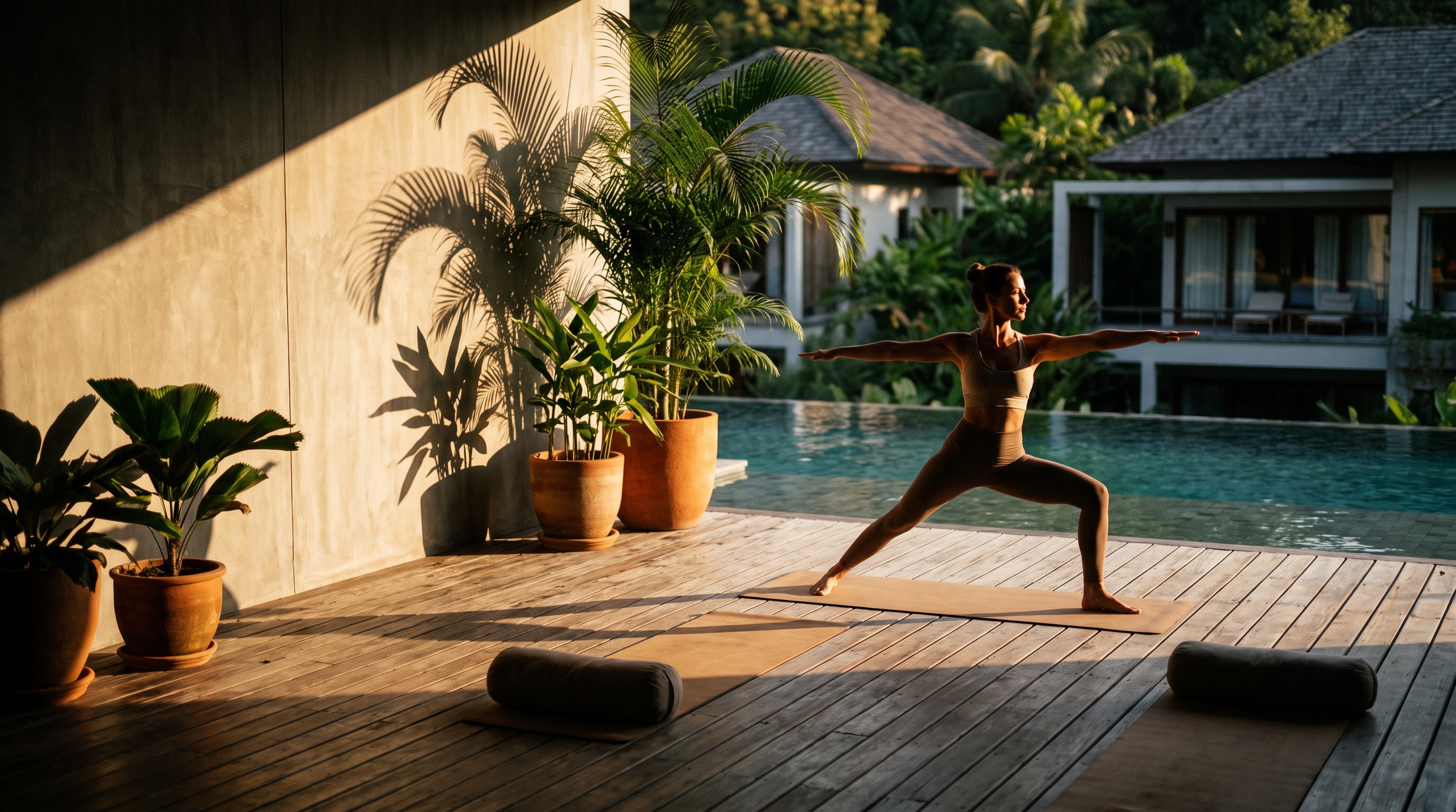 Yoga deck by the pool in golden light