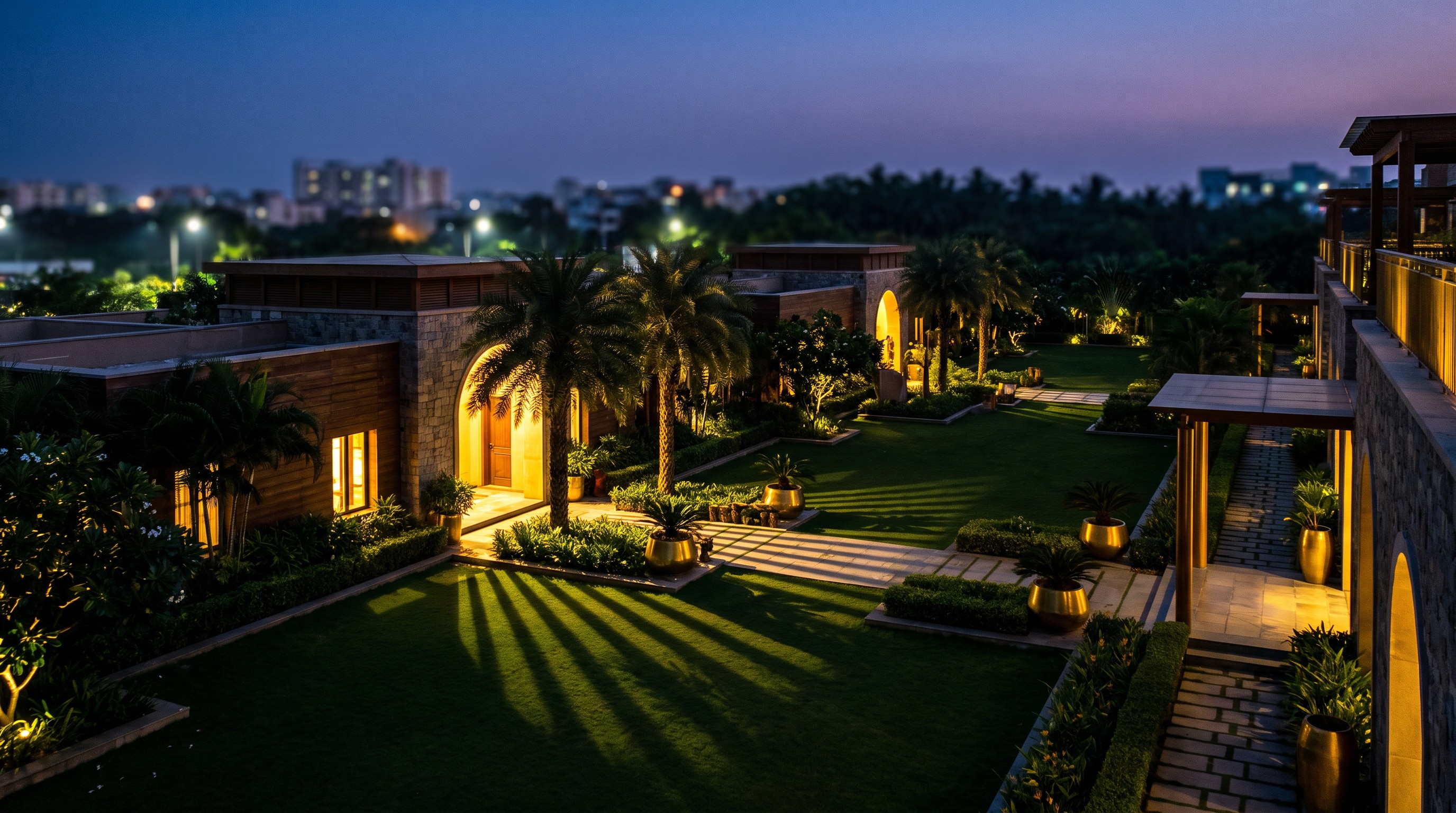 Dusk view of the Vantara resort residential campus