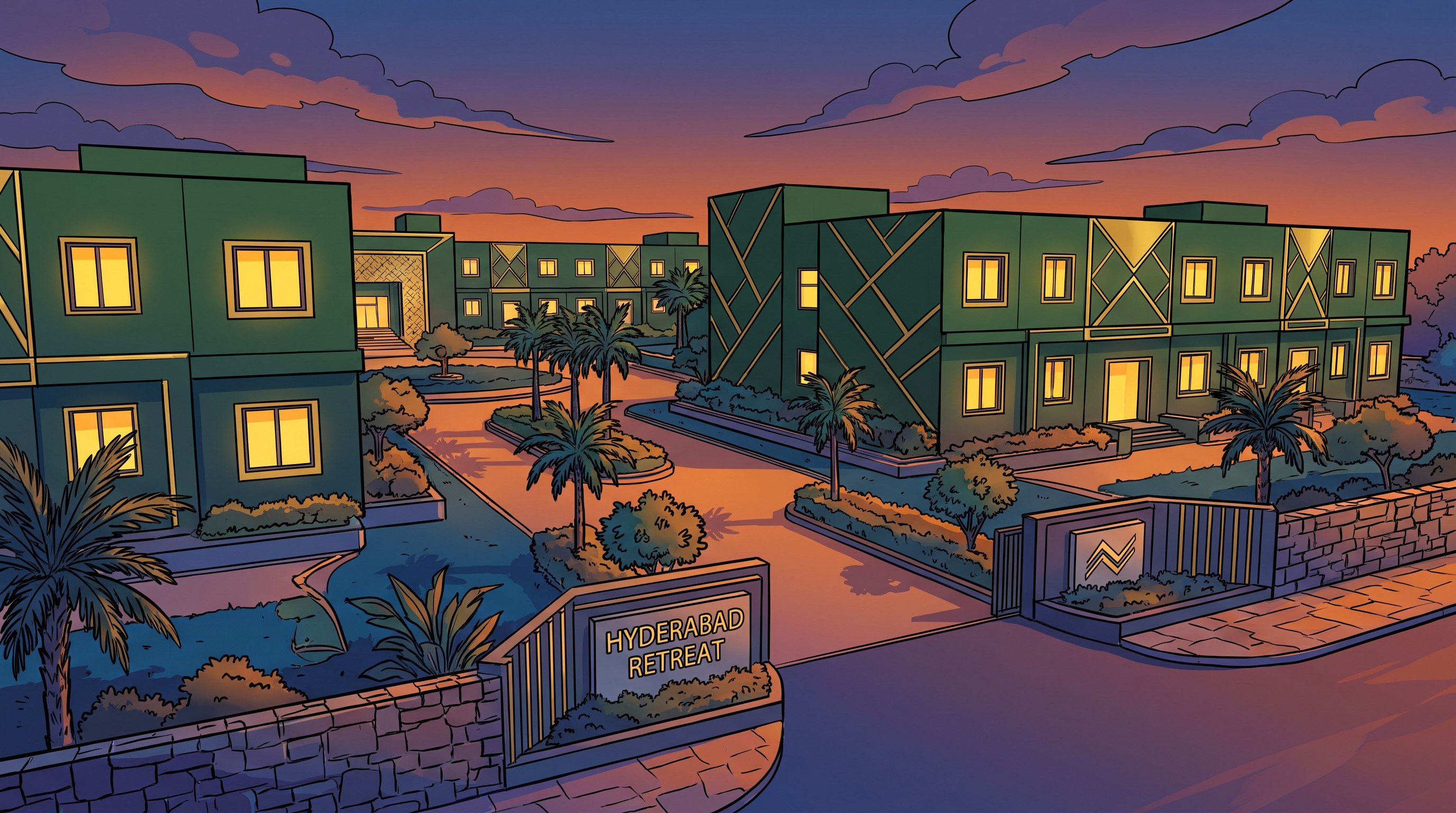 CGI render of campus exterior at dusk