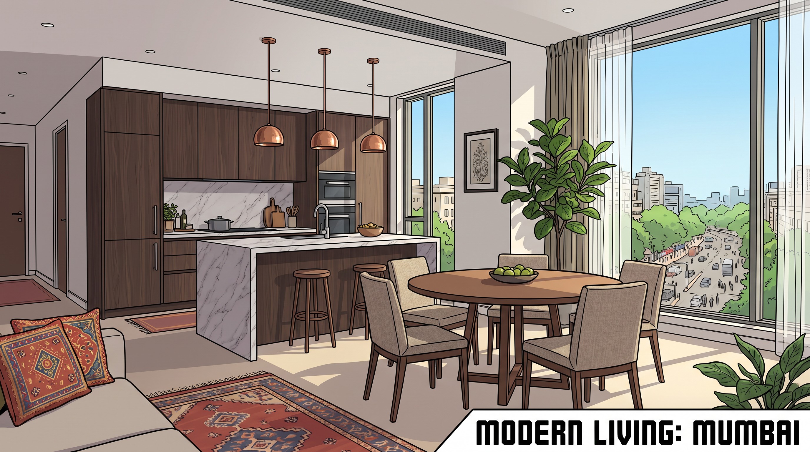 CGI render of an apartment kitchen and dining interior