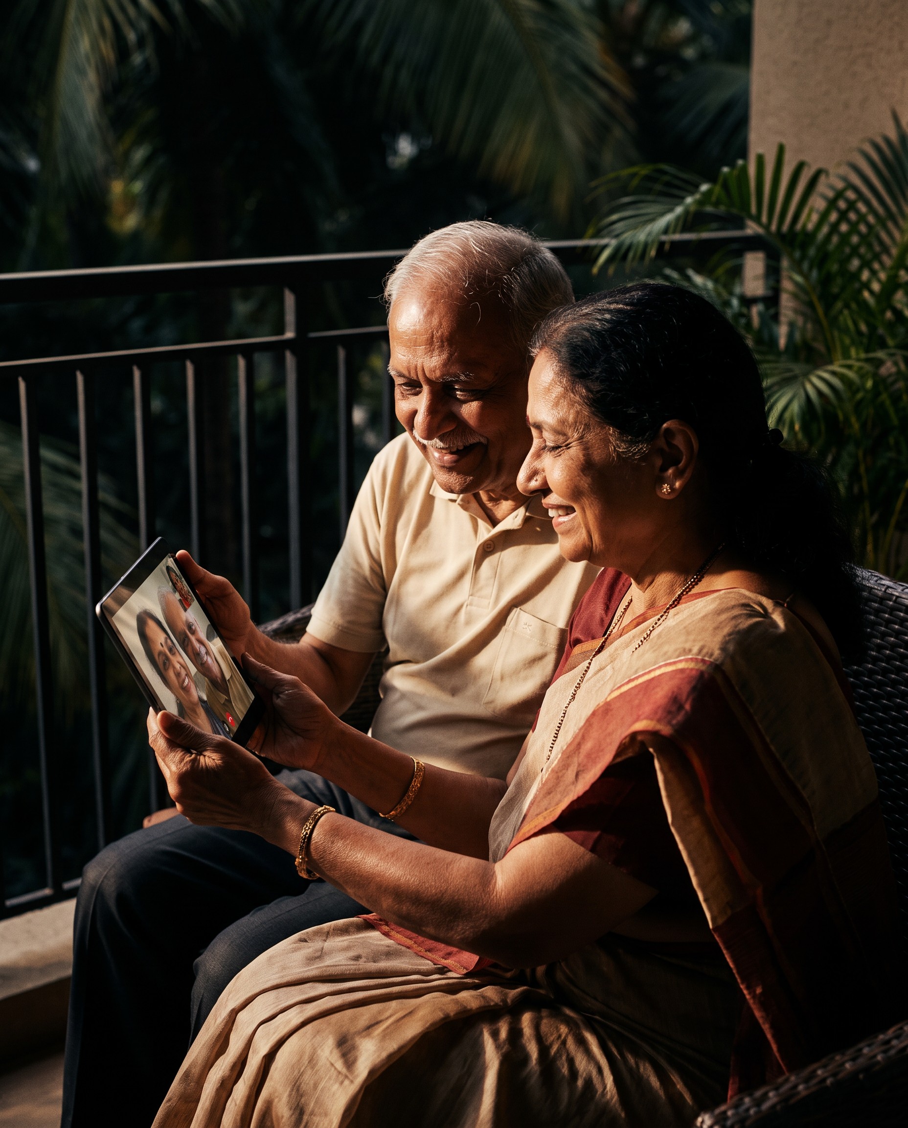 Parent on a video call with family abroad