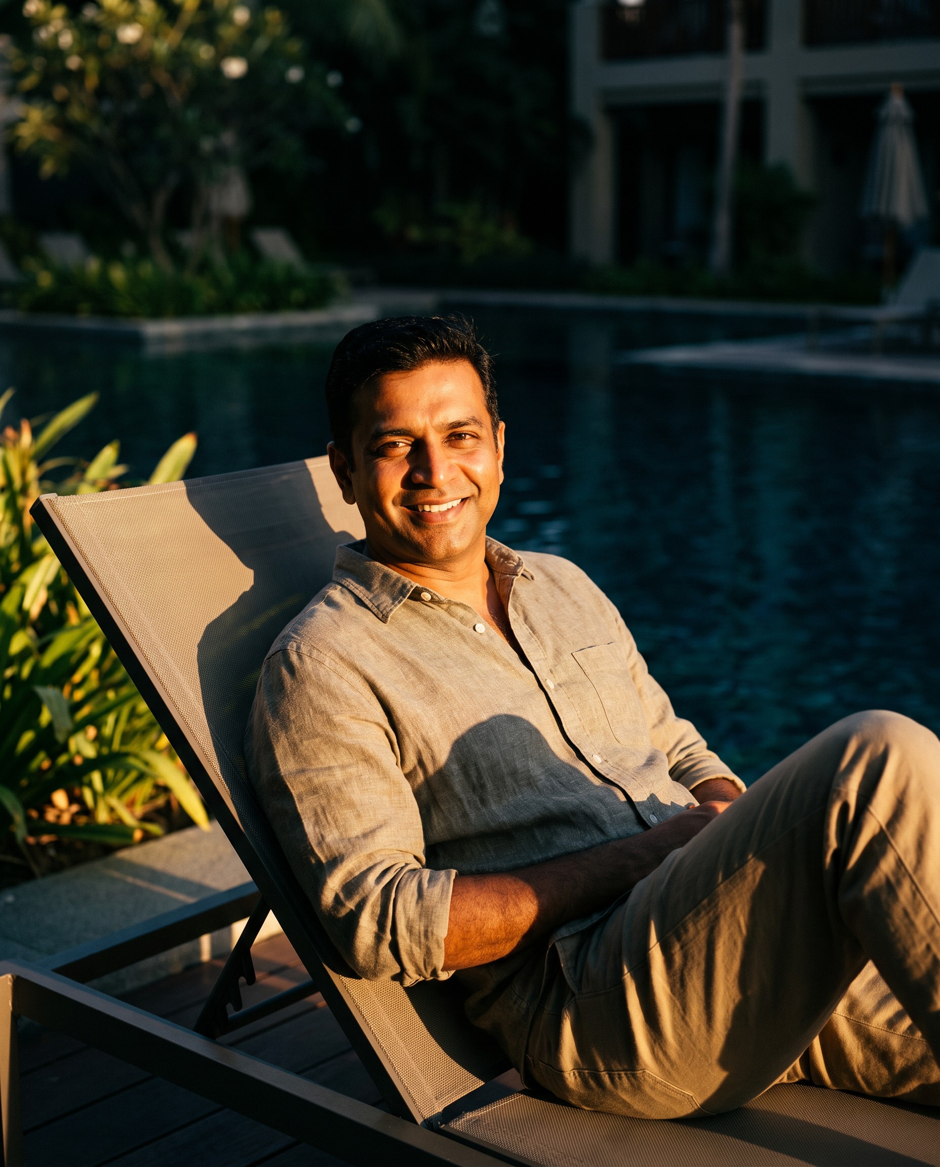 NRI owner relaxing at the pool deck on a visit