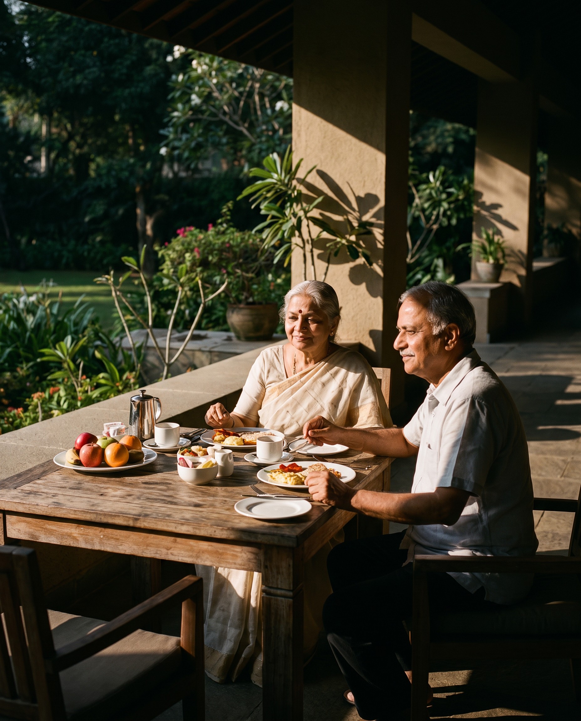 Parents enjoying breakfast together on the terrace